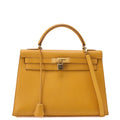 HERMES Kelly 32 Handbag, Kushbel Yellow, Gold-Tone Hardware, Pre-Owned