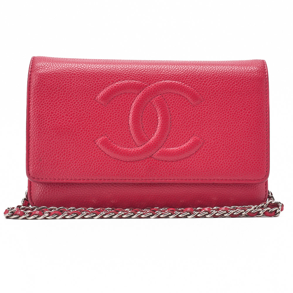 CHANEL Shoulder Bag Chain Wallet Caviar Skin Rose Pink Silver-Tone Hardware, Pre-Owned