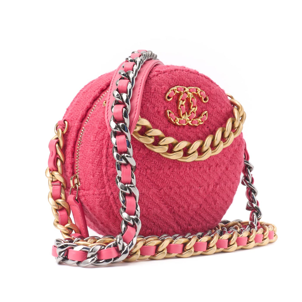 CHANEL 19 Matelasse Chain Shoulder Tote Bag Tweed Pink Gold-Tone Hardware Pre-Owned