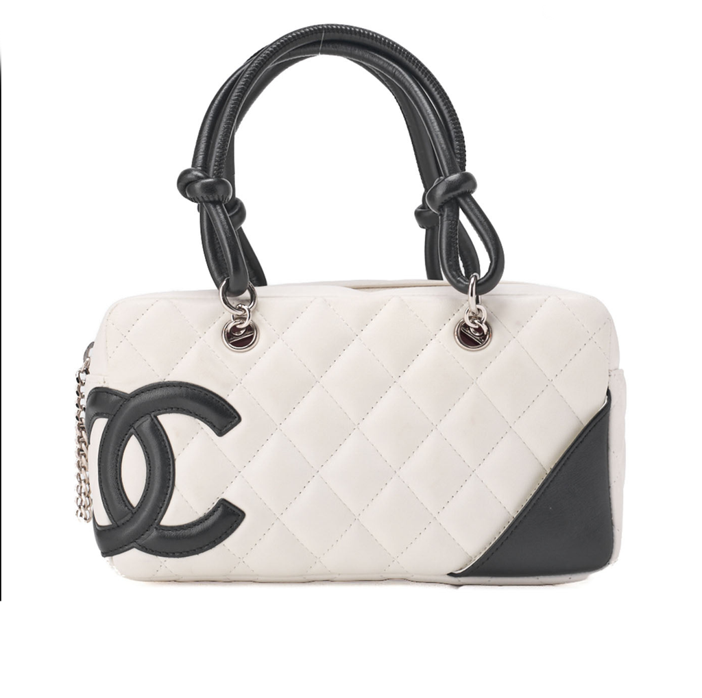 CHANEL Mini Tote Bag, Cambon Line, Calfskin, White, Silver-Tone Hardware, Pre-Owned