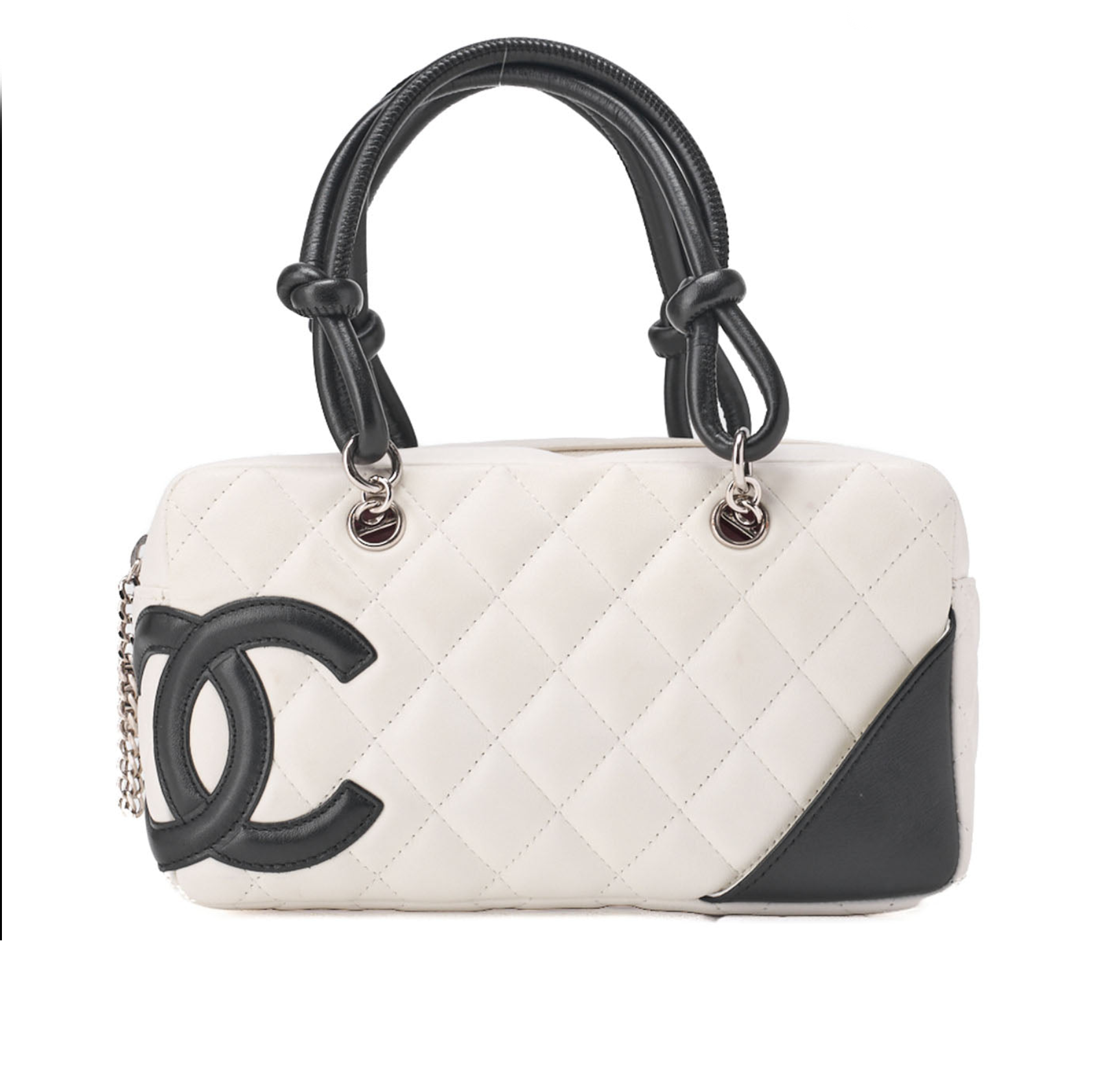 CHANEL Mini Tote Bag, Cambon Line, Calfskin, White, Silver-Tone Hardware, Pre-Owned