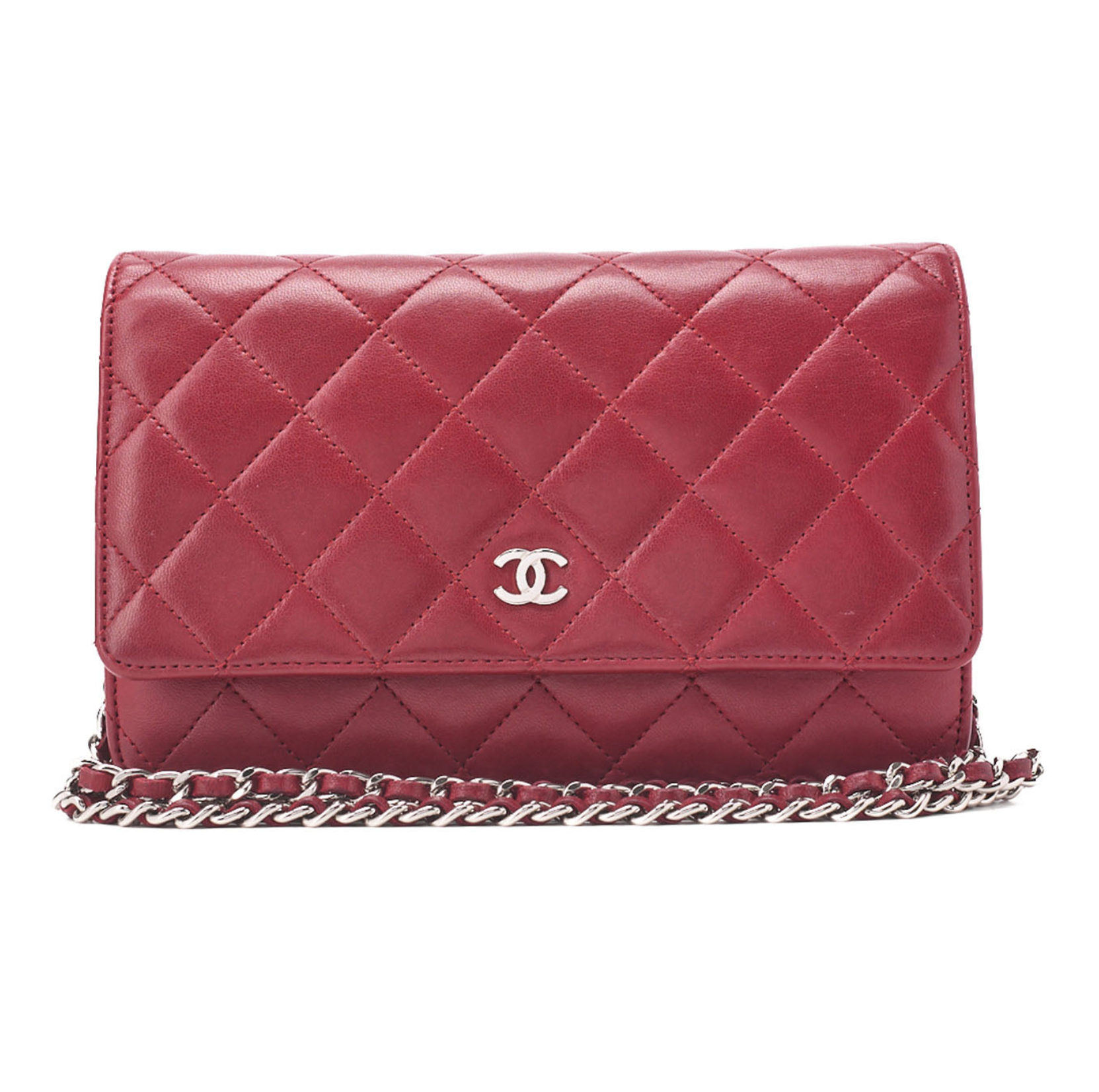 CHANEL Chain Wallet Matelasse Lambskin Red Silver-Tone Hardware Pre-Owned