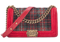 CHANEL Boy Chanel Matelassé Chain Shoulder Cotton x Pelore Red ｘ Multicolor Gold-Tone Hardware, Pre-Owned