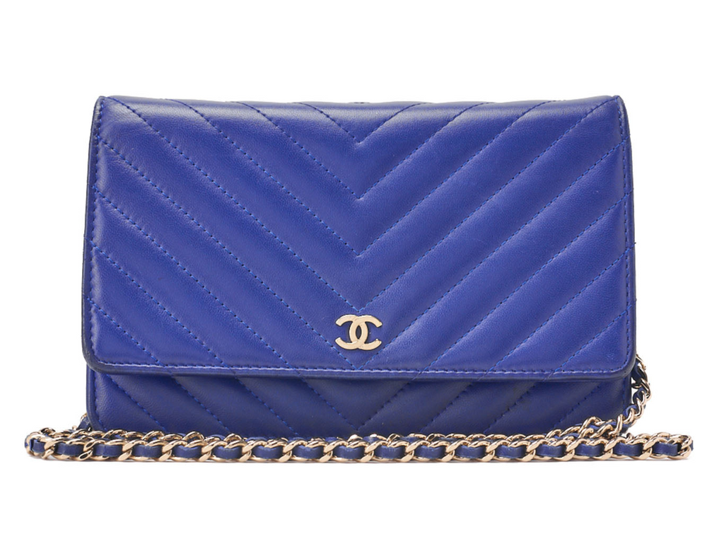 CHANEL Chain Wallet Matelassé V-Stitch Lambskin Navy Gold-Tone Hardware, Pre-Owned