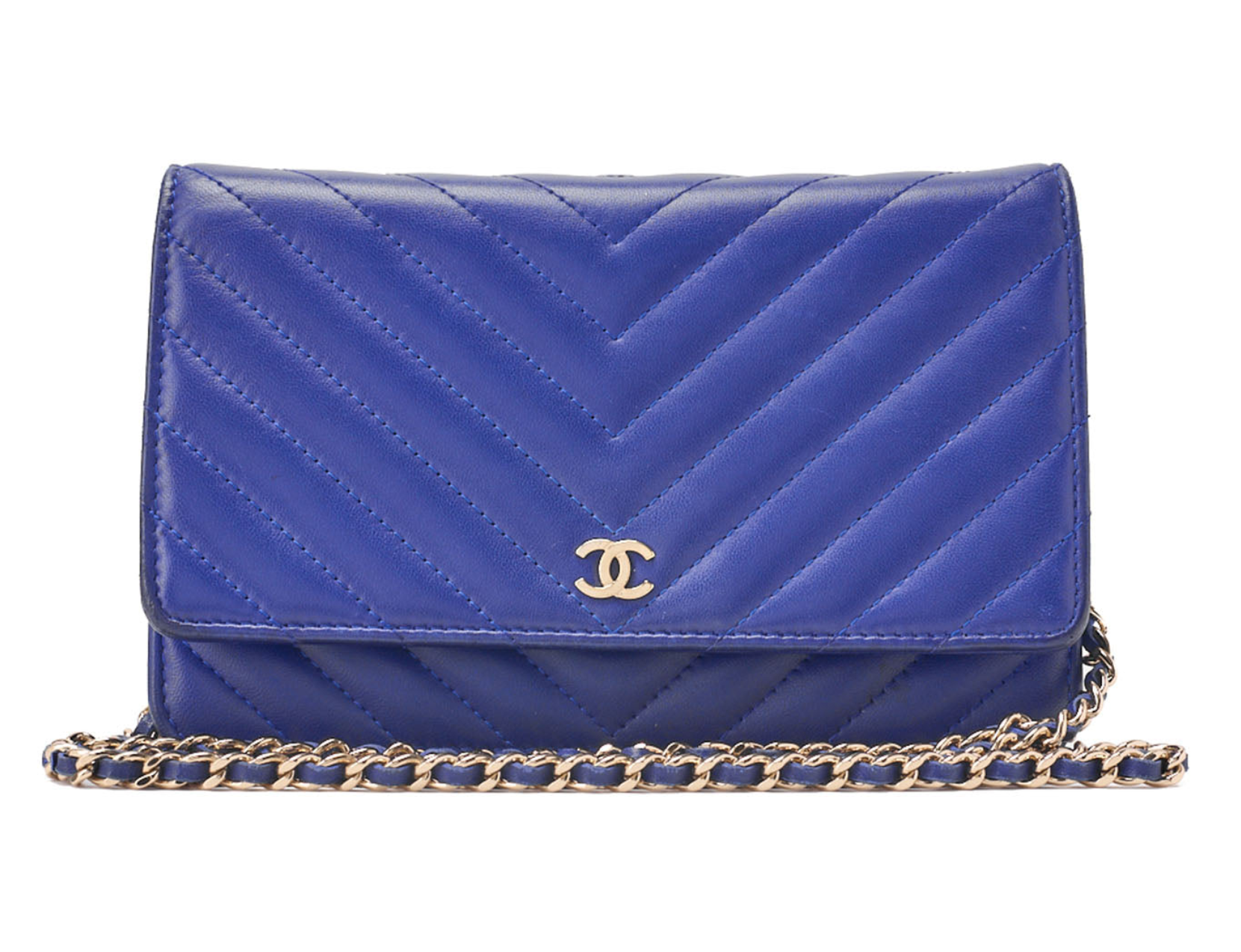 CHANEL Chain Wallet Matelassé V-Stitch Lambskin Navy Gold-Tone Hardware, Pre-Owned