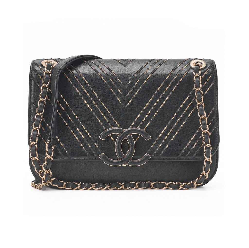 Chanel Shoulder Bag, V Stitch, Chain Shoulder, Lambskin, Black, Gold-Tone Hardware, Pre-Owned