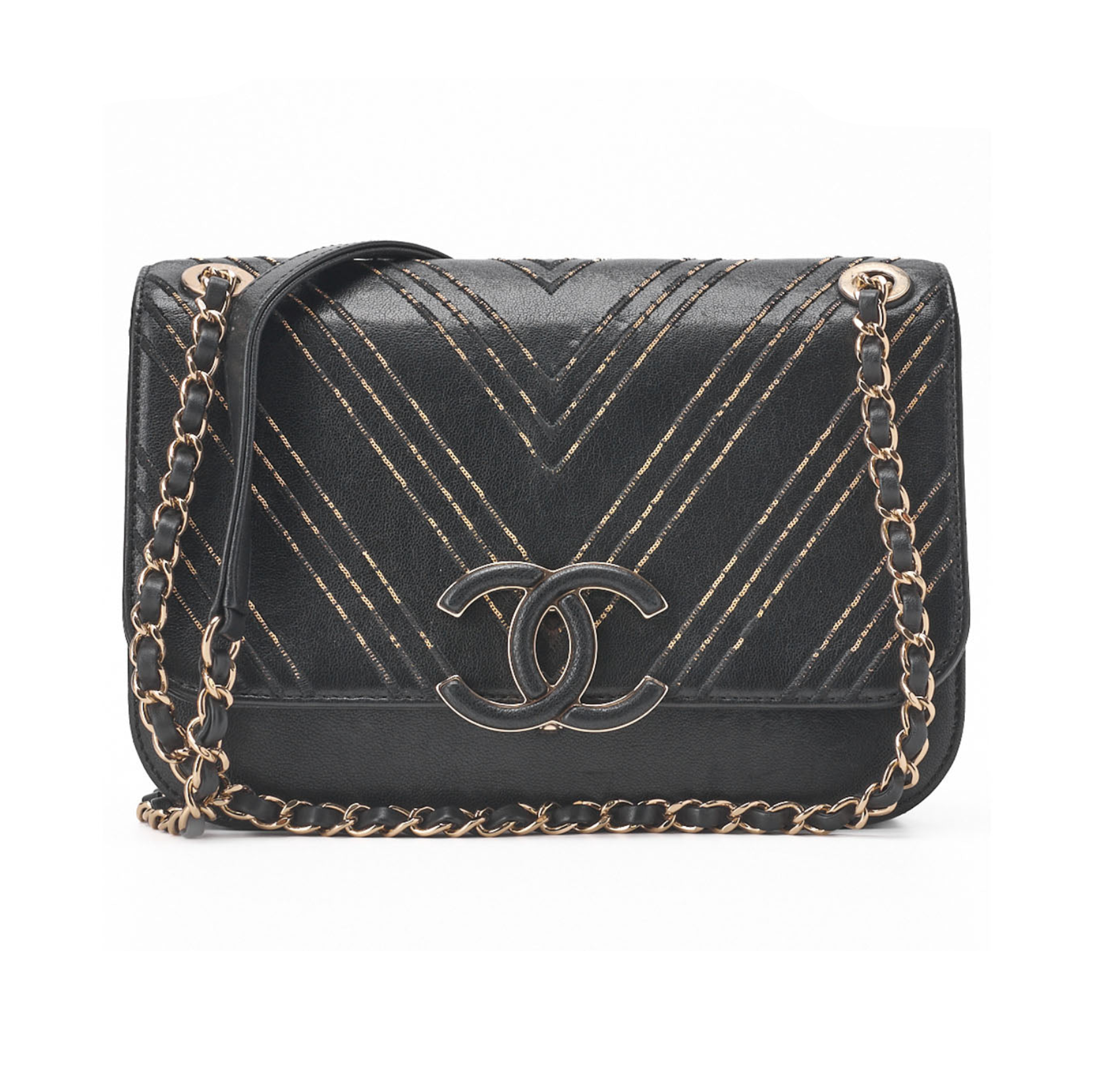 Chanel Shoulder Bag, V Stitch, Chain Shoulder, Lambskin, Black, Gold-Tone Hardware, Pre-Owned