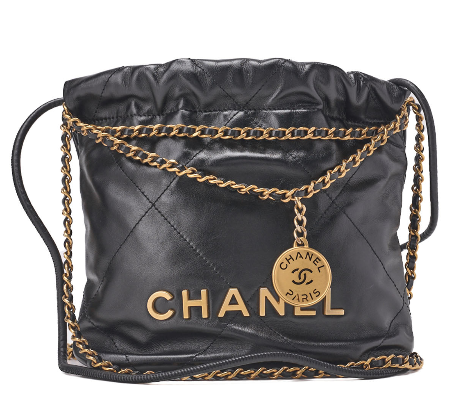 CHANEL   22 Mini Calfskin Black Drawstring Chain Shoulder Bag (Gold-Tone Hardware, Pre-Owned