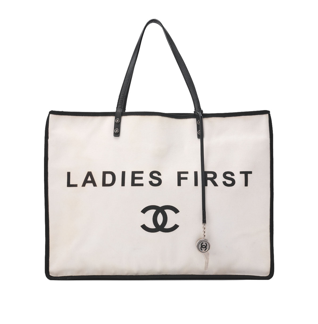 CHANEL  Tote Bag Coco Mark Canvas with Whistle Charm White × Black Silver-Tone Hardware, Pre-Owned