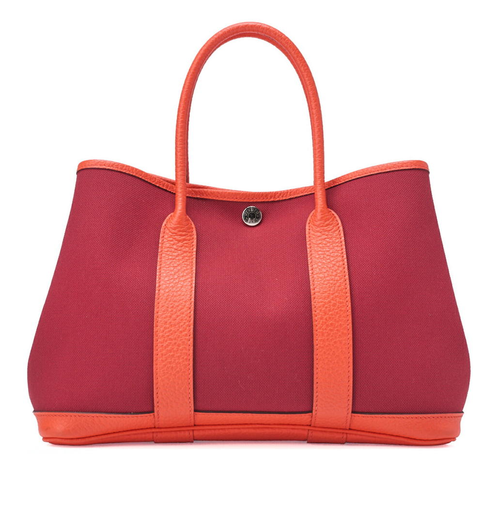 HERMES Garden Party TPM Tote Bag Toile Officer Rouge Grenat Silver-Tone Hardware Pre-Owned