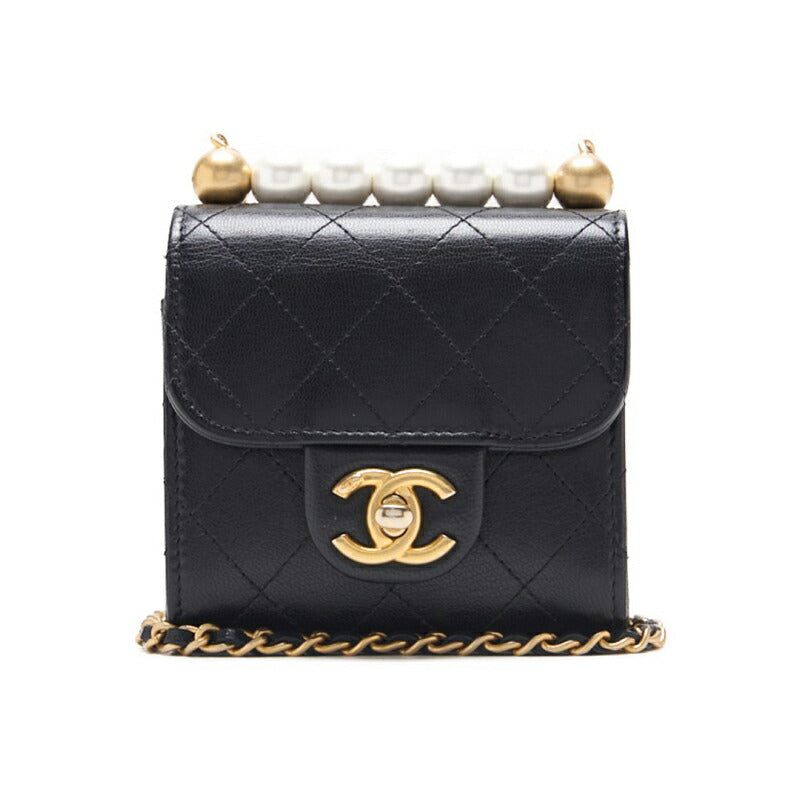 CHANEL Mini Shoulder Bag Matelasse Pearl Chain Lambskin Black Gold-Tone Hardware Pre-Owned