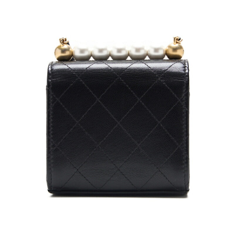 CHANEL Mini Shoulder Bag Matelasse Pearl Chain Lambskin Black Gold-Tone Hardware Pre-Owned