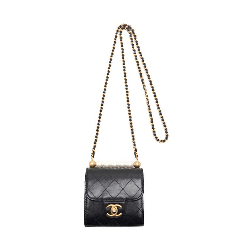 CHANEL Mini Shoulder Bag Matelasse Pearl Chain Lambskin Black Gold-Tone Hardware Pre-Owned