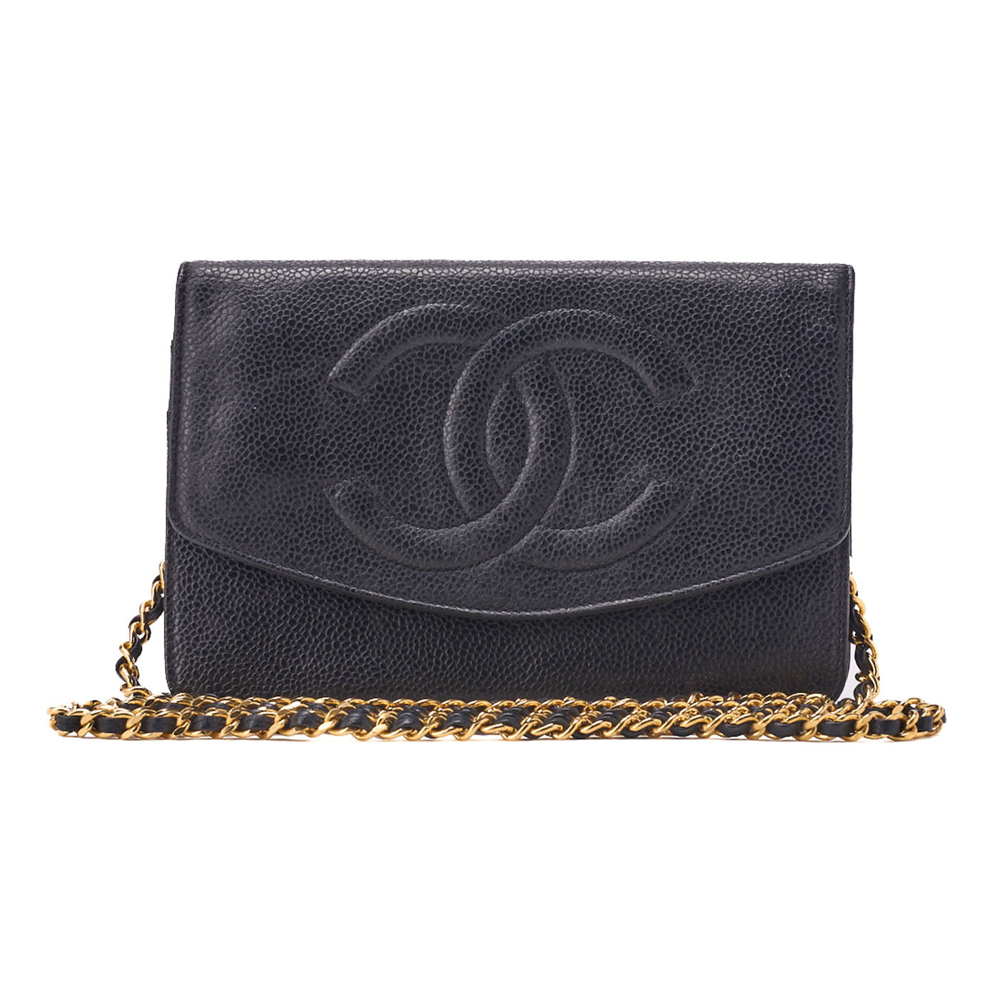 CHANEL Shoulder Bag Chain Wallet Caviar Black Gold-Tone Hardware, Pre-Owned