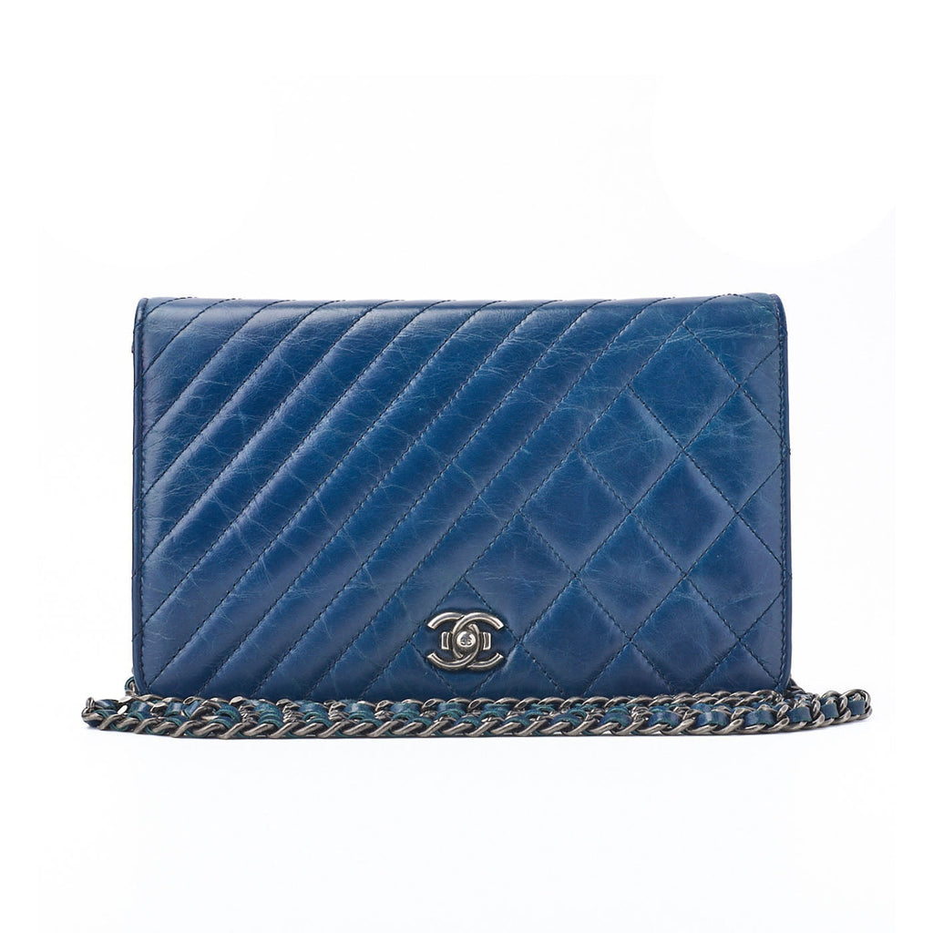 CHANEL Chain Wallet, Diagonal Stitching, Matelasse, Vintage Calf, Blue, Silver-Tone Hardware, Pre-Owned