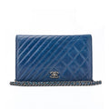 CHANEL Chain Wallet, Diagonal Stitching, Matelasse, Vintage Calf, Blue, Silver-Tone Hardware, Pre-Owned