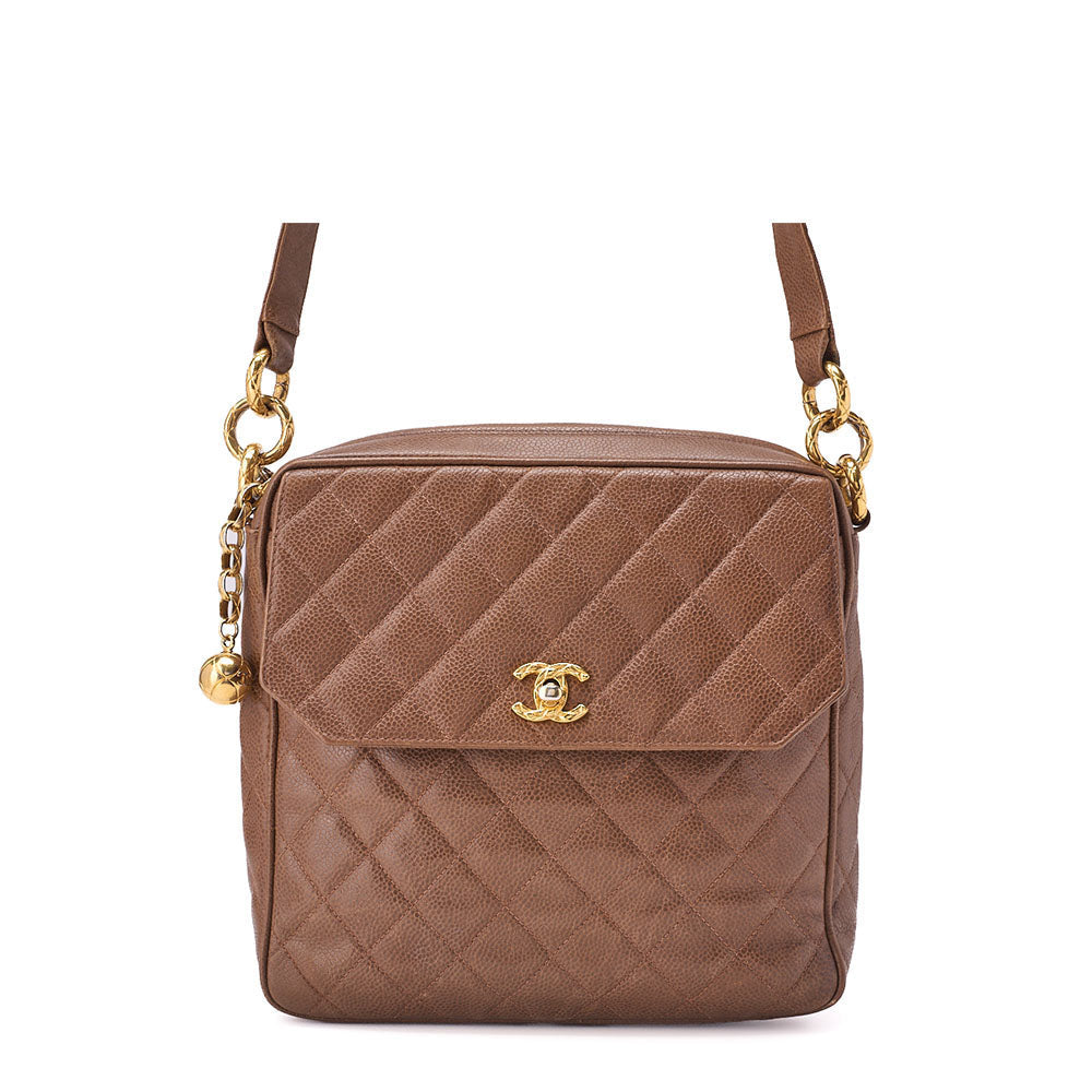 CHANEL Shoulder Bag, Chain Shoulder, Matelasse, Caviar Skin, Brown, Gold-Tone Hardware, Pre-Owned