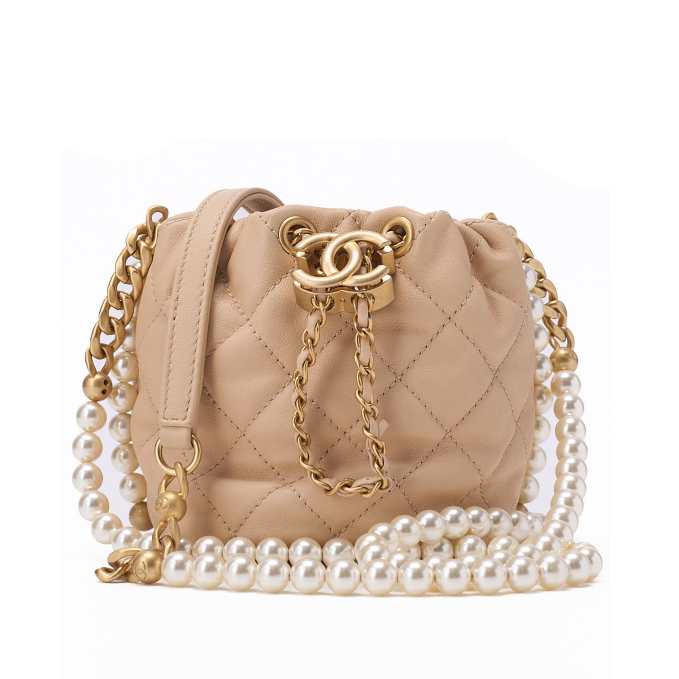 CHANEL Shoulder Bag, Matelasse, Drawstring Type, Lambskin, Beige, Gold-Tone Hardware, Pre-Owned
