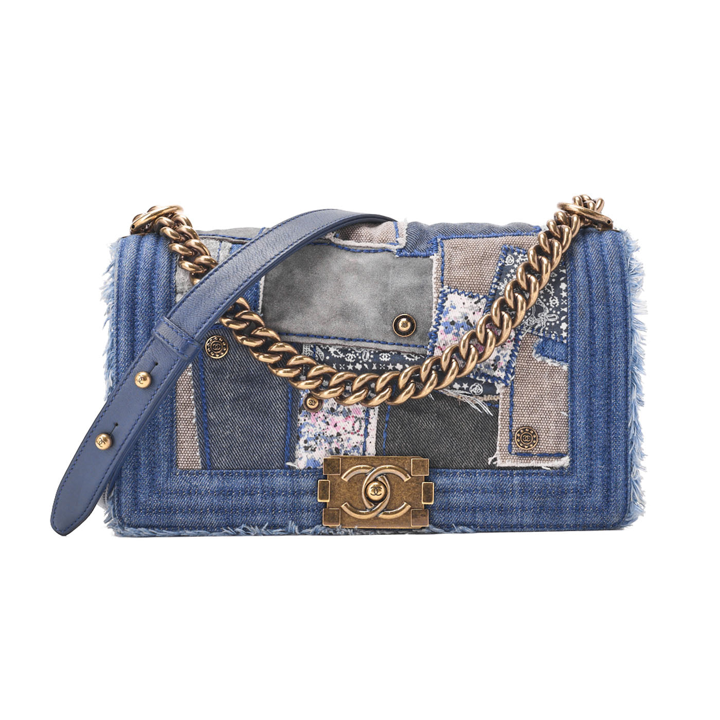 CHANEL Shoulder Bag, Patchwork, Chain Shoulder, Denim, Blue, Gold-Tone Hardware, Pre-Owned