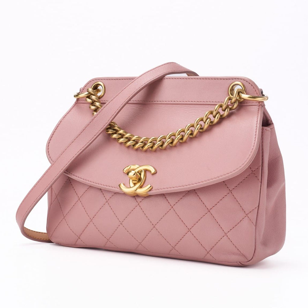 CHANEL Mini Shoulder Bag Matelasse Round Flap Chain Shoulder Lambskin Pink Gold-Tone Hardware Pre-Owned