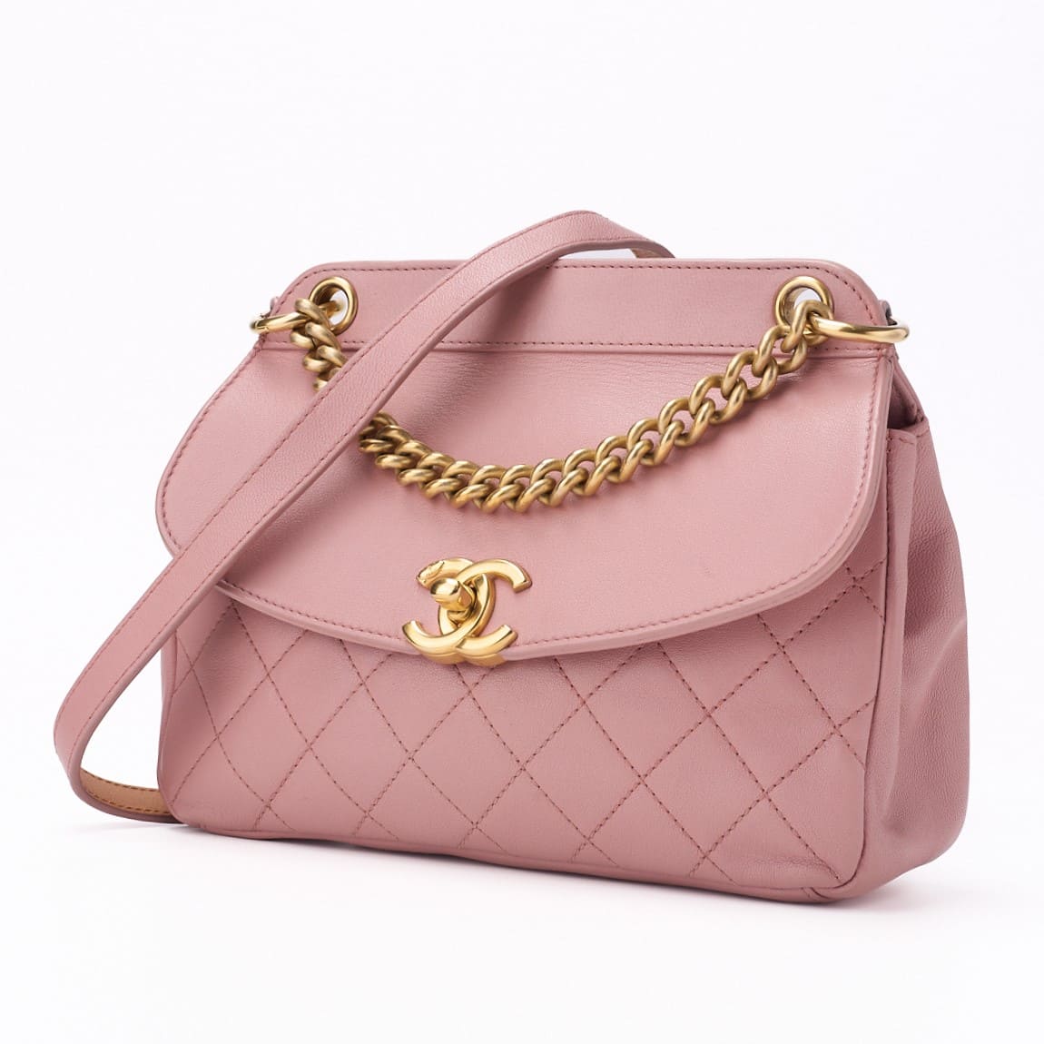 CHANEL Mini Shoulder Bag Matelasse Round Flap Chain Shoulder Lambskin Pink Gold-Tone Hardware Pre-Owned