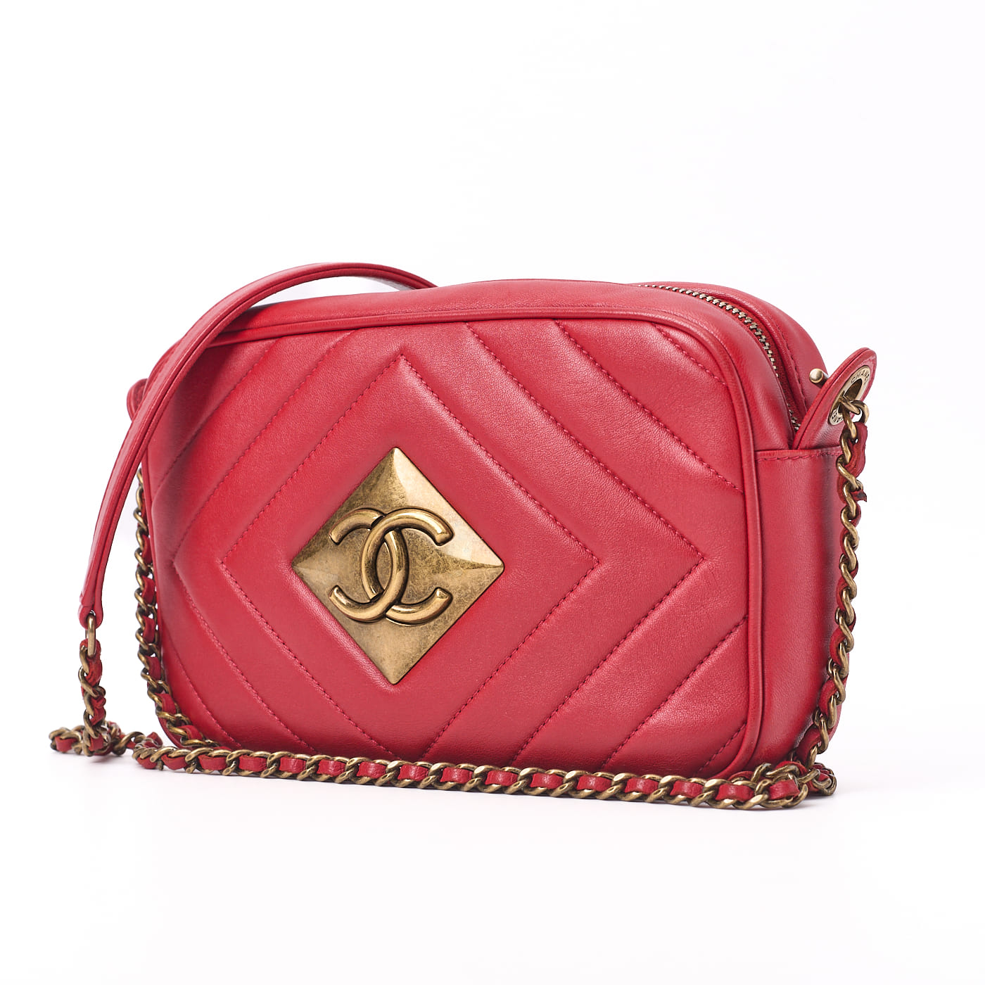 CHANEL Shoulder Bag, Diamond Stitch Coco Mark, Lambskin, Red, Gold-Tone Hardware, Pre-Owned