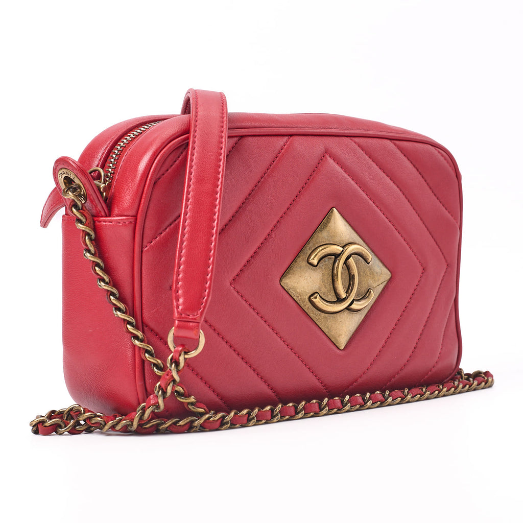 CHANEL Shoulder Bag, Diamond Stitch Coco Mark, Lambskin, Red, Gold-Tone Hardware, Pre-Owned