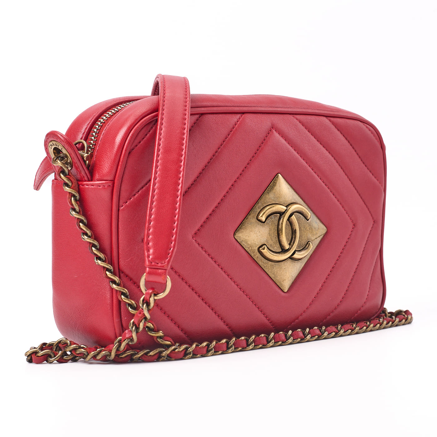 CHANEL Shoulder Bag, Diamond Stitch Coco Mark, Lambskin, Red, Gold-Tone Hardware, Pre-Owned