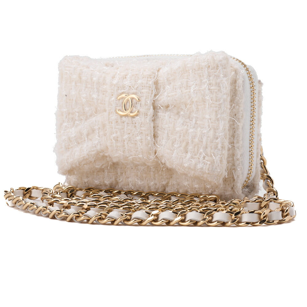 CHANEL Mini Shoulder Bag, Matelasse, Chain Shoulder, Tweed, White, Gold-Tone Hardware, Pre-Owned