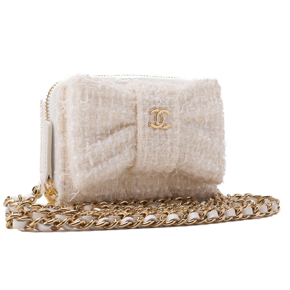 CHANEL Mini Shoulder Bag, Matelasse, Chain Shoulder, Tweed, White, Gold-Tone Hardware, Pre-Owned