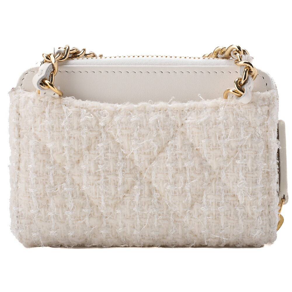 CHANEL Mini Shoulder Bag, Matelasse, Chain Shoulder, Tweed, White, Gold-Tone Hardware, Pre-Owned