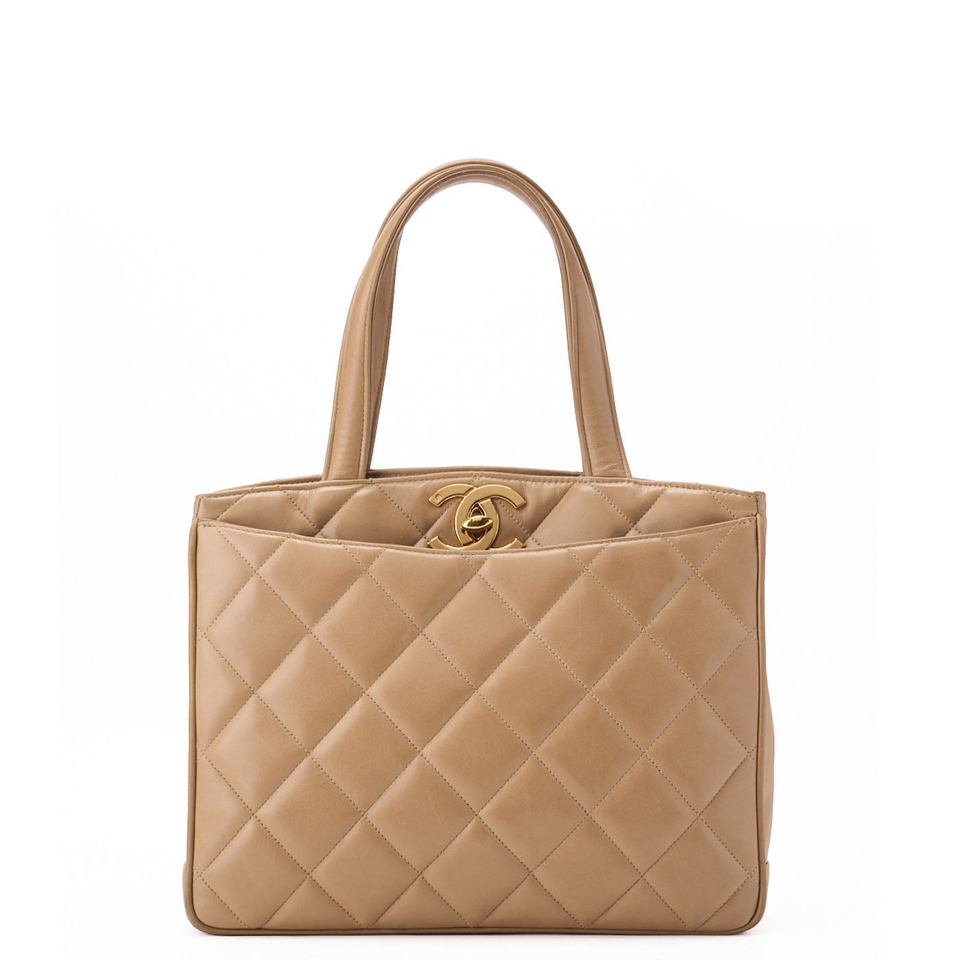 CHANEL Handbag Matelasse Turn Lock Lambskin Beige Gold-Tone Hardware Pre-Owned