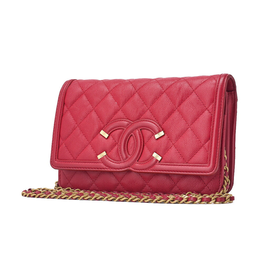 CHANEL Shoulder Bag Chain Wallet Matelasse Caviar Skin Red Gold-Tone Hardware Pre-Owned