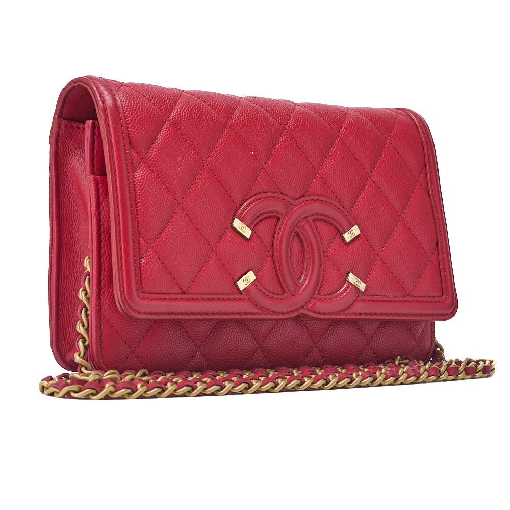 CHANEL Shoulder Bag Chain Wallet Matelasse Caviar Skin Red Gold-Tone Hardware Pre-Owned