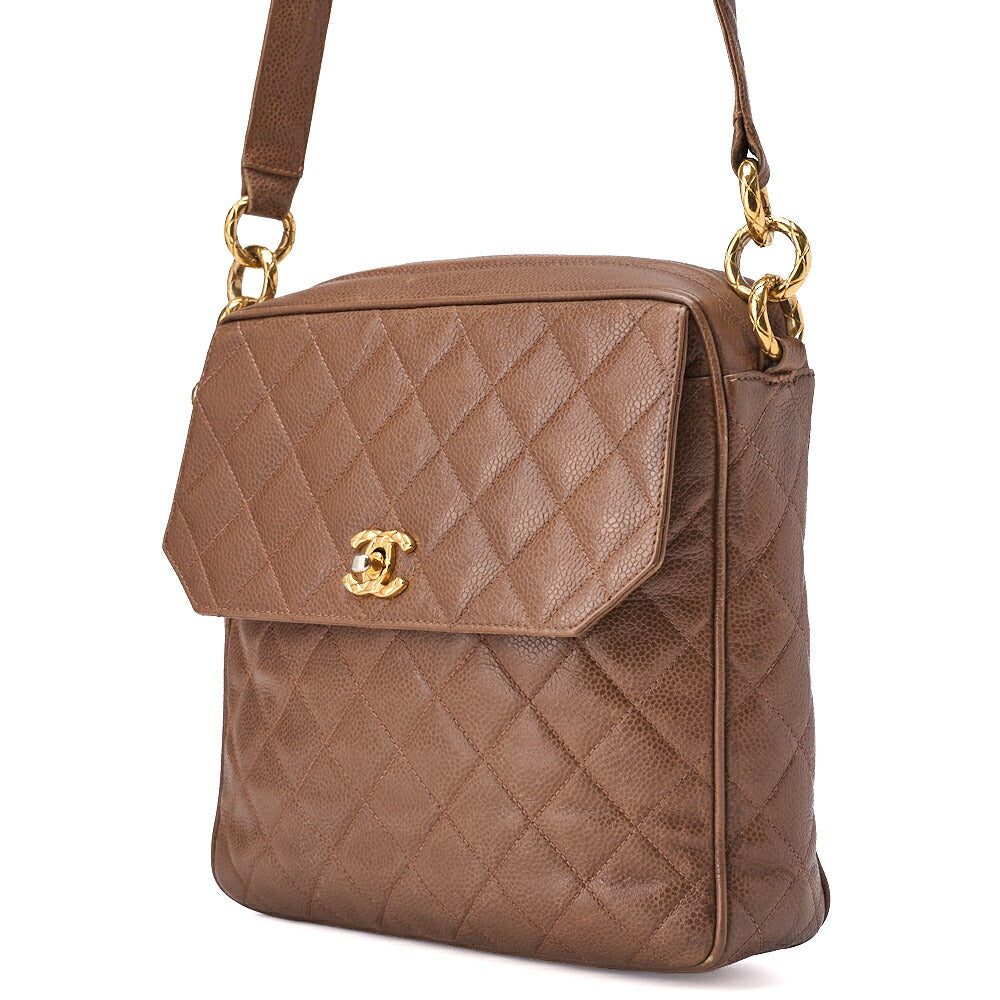 CHANEL Shoulder Bag, Chain Shoulder, Matelasse, Caviar Skin, Brown, Gold-Tone Hardware, Pre-Owned