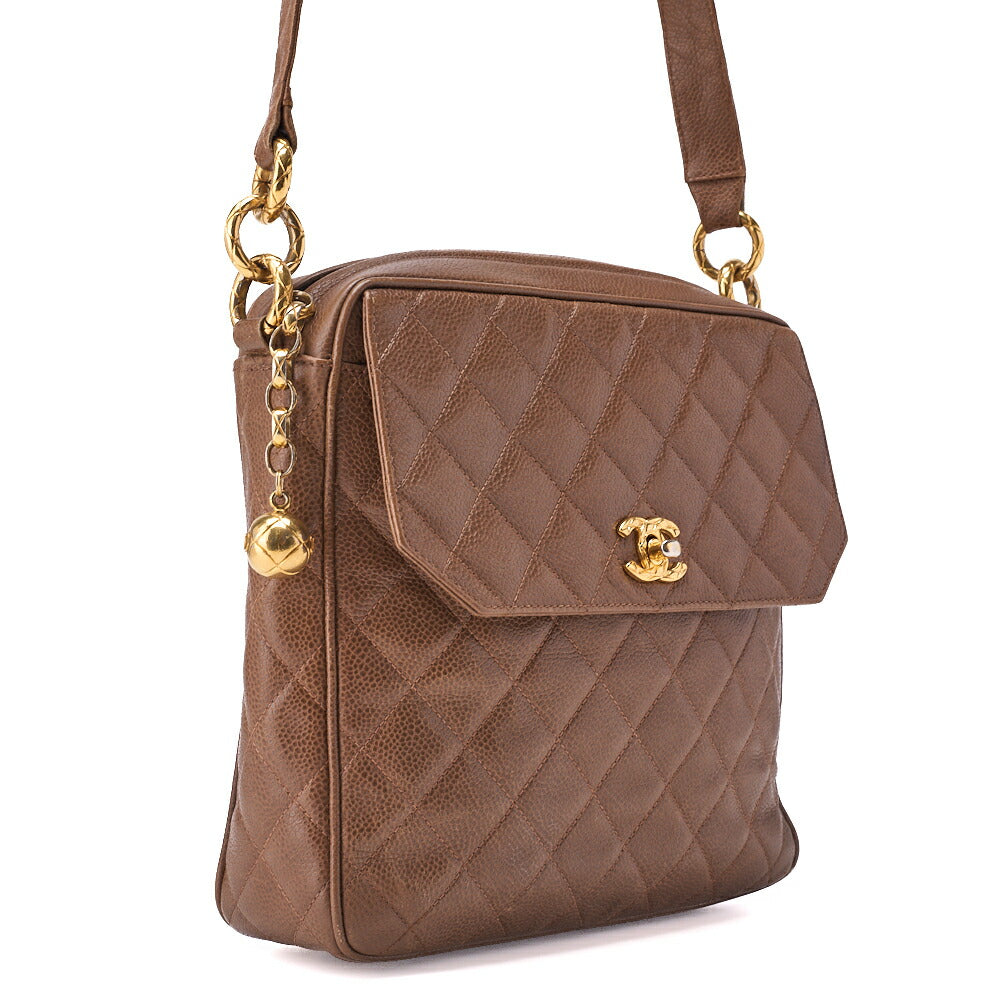 CHANEL Shoulder Bag, Chain Shoulder, Matelasse, Caviar Skin, Brown, Gold-Tone Hardware, Pre-Owned