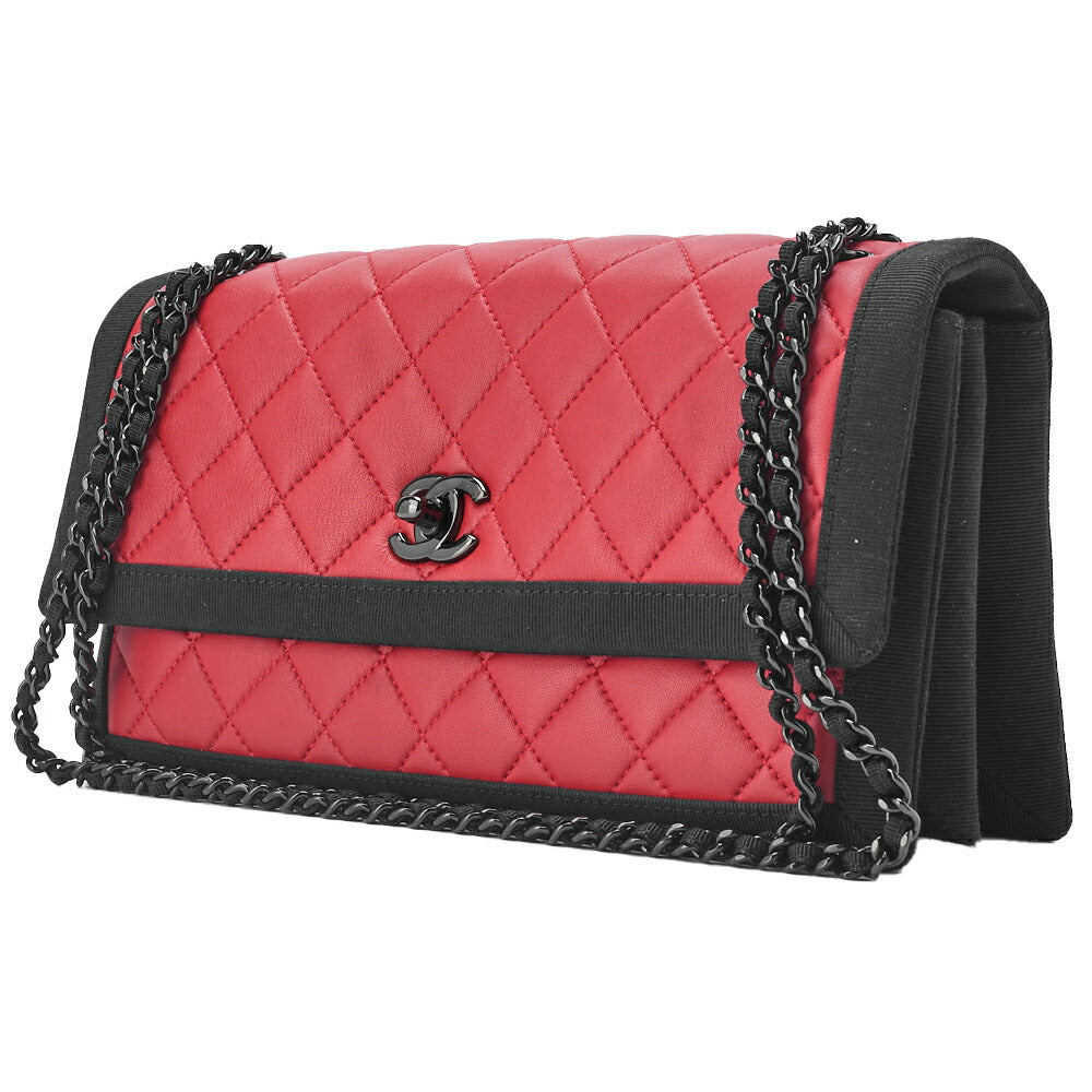 CHANEL Shoulder Bag Mini Matelasse Chain Shoulder Lambskin Nylon Red Gold-Tone Hardware Pre-Owned