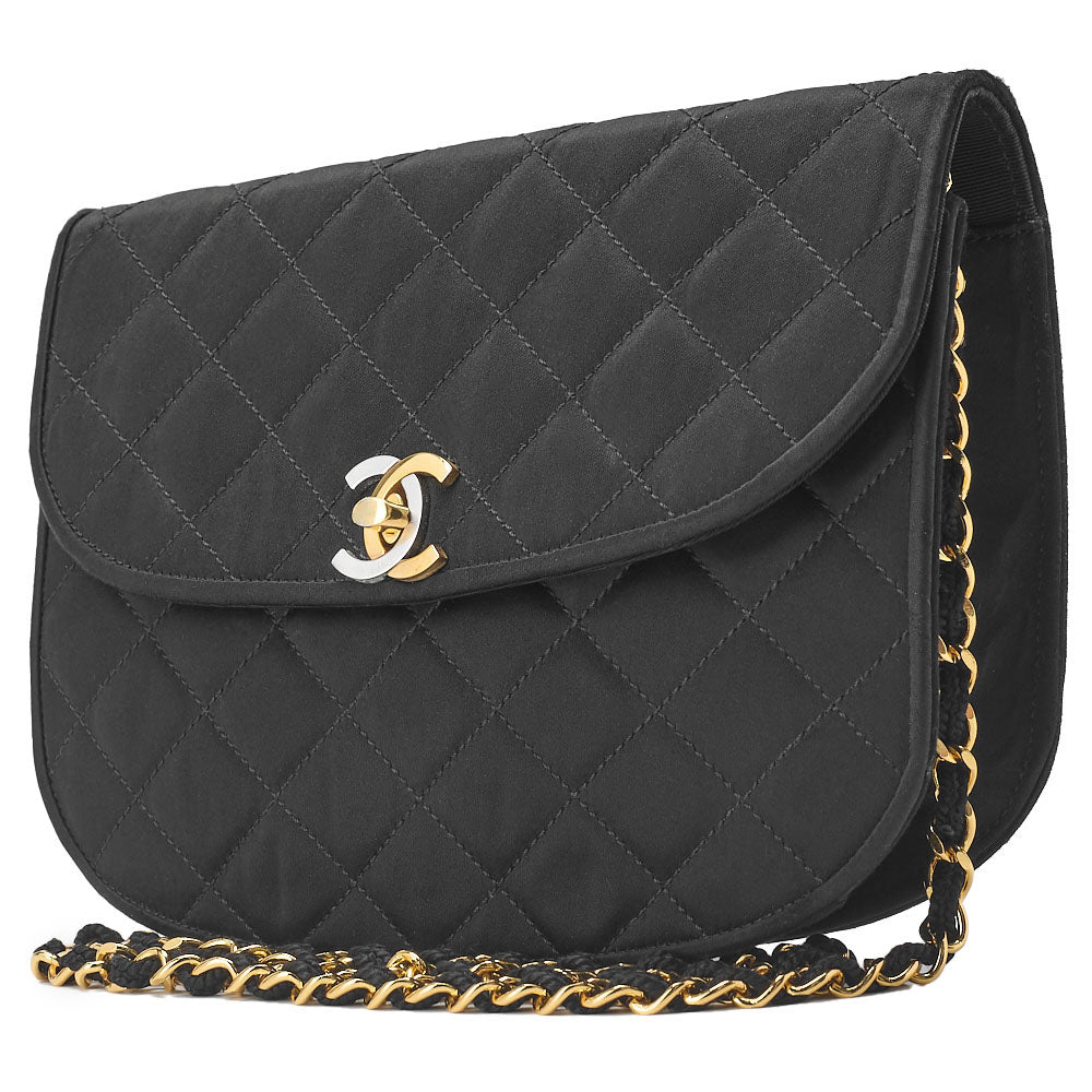 CHANEL Shoulder Bag, Matelasse, Chain Shoulder, Satin, Black, Gold-Tone Hardware, Pre-Owned