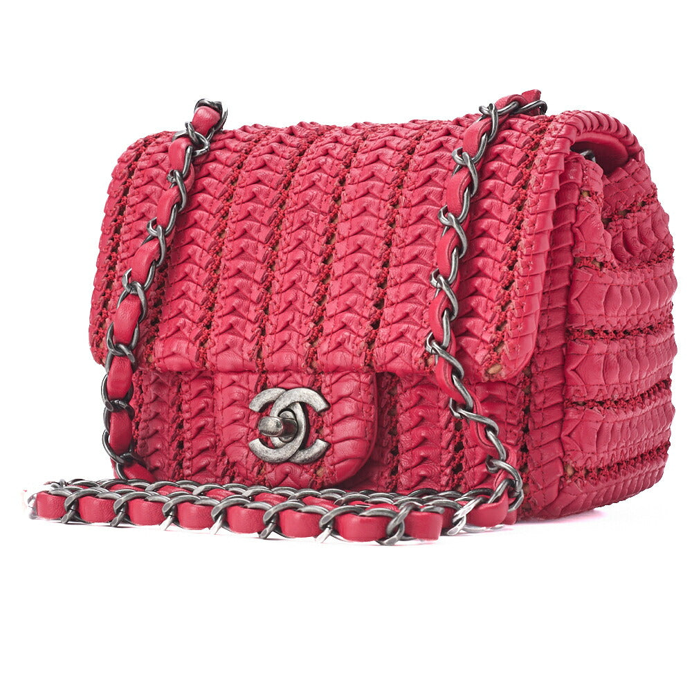 CHANEL Mini Matelasse Turn Lock Chain Shoulder Bag Lambskin Red Silver-Tone Hardware Pre-Owned