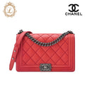 CHANEL Boy Chanel Large Size Matelasse Chain Shoulder Bag Calfskin Red Silver-Tone Hardware Pre-Owned