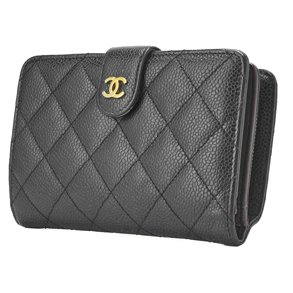 CHANEL Matelasse Bi-Fold Wallet Caviar Skin Black Gold-Tone Hardware, Pre-Owned