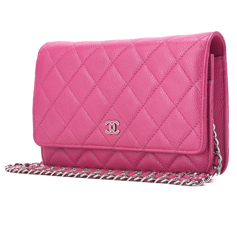 CHANEL Chain Wallet, Matelasse, Caviar Skin, Pink, Silver-Tone Hardware, Pre-Owned