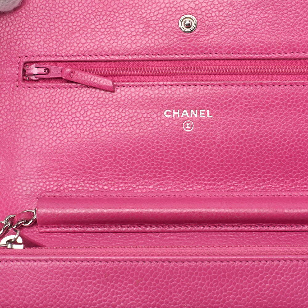 CHANEL Chain Wallet, Matelasse, Caviar Skin, Pink, Silver-Tone Hardware, Pre-Owned