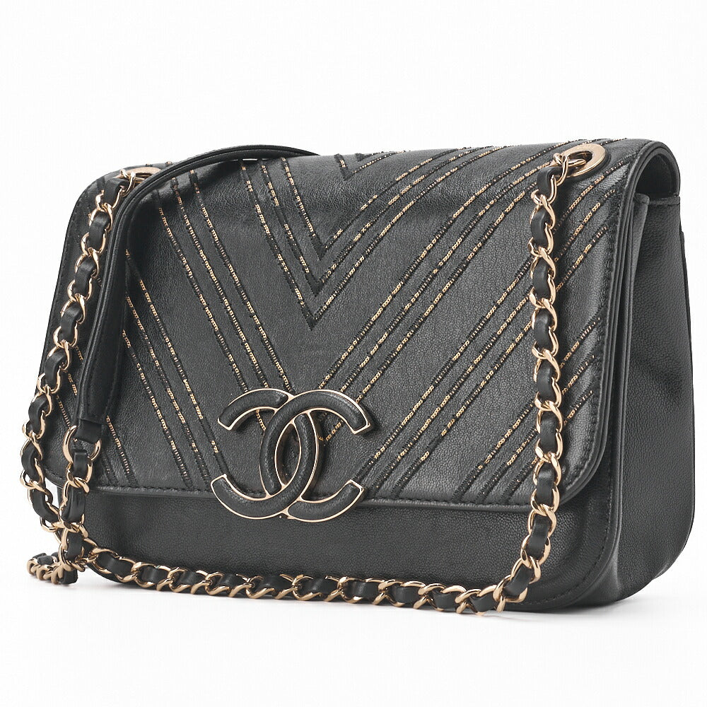 Chanel Shoulder Bag, V Stitch, Chain Shoulder, Lambskin, Black, Gold-Tone Hardware, Pre-Owned