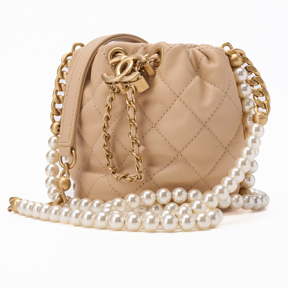 CHANEL Shoulder Bag, Matelasse, Drawstring Type, Lambskin, Beige, Gold-Tone Hardware, Pre-Owned