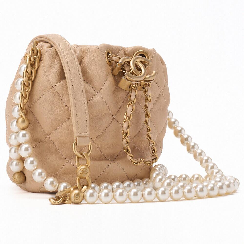 CHANEL Shoulder Bag, Matelasse, Drawstring Type, Lambskin, Beige, Gold-Tone Hardware, Pre-Owned