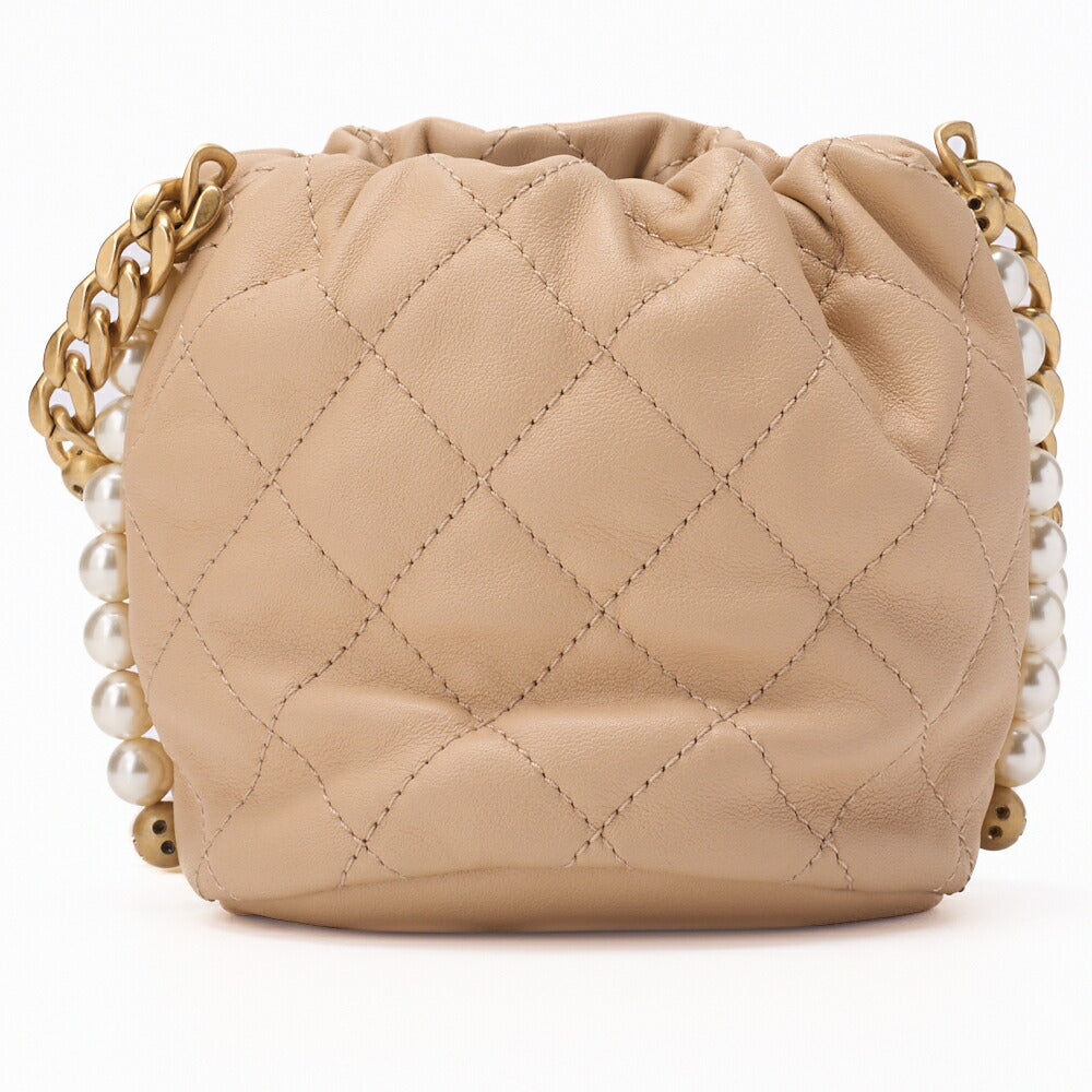 CHANEL Shoulder Bag, Matelasse, Drawstring Type, Lambskin, Beige, Gold-Tone Hardware, Pre-Owned
