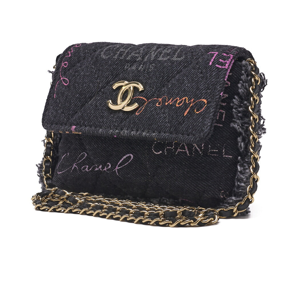 CHANEL Shoulder Bag Mini Matelasse Denim Black Gold-Tone Hardware Pre-Owned