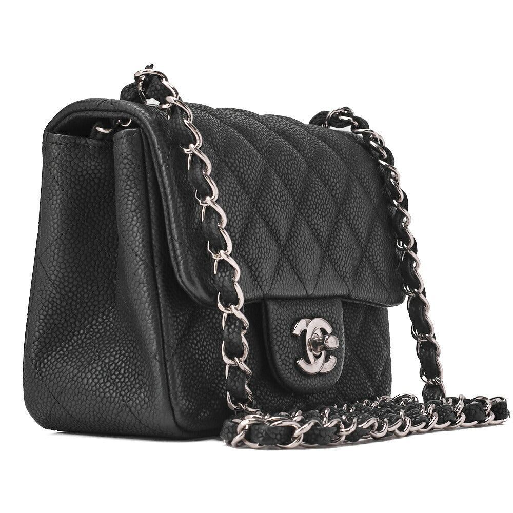 CHANEL Shoulder Bag Mini Matelasse Caviar Skin Black Silver-Tone Hardware Pre-Owned