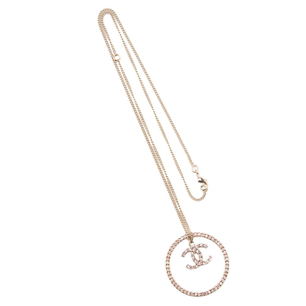 Chanel Necklace, Coco Mark Circle, Rhinestone, Gold Plated, Pink, Gold-Tone Hardware, Pre-Owned